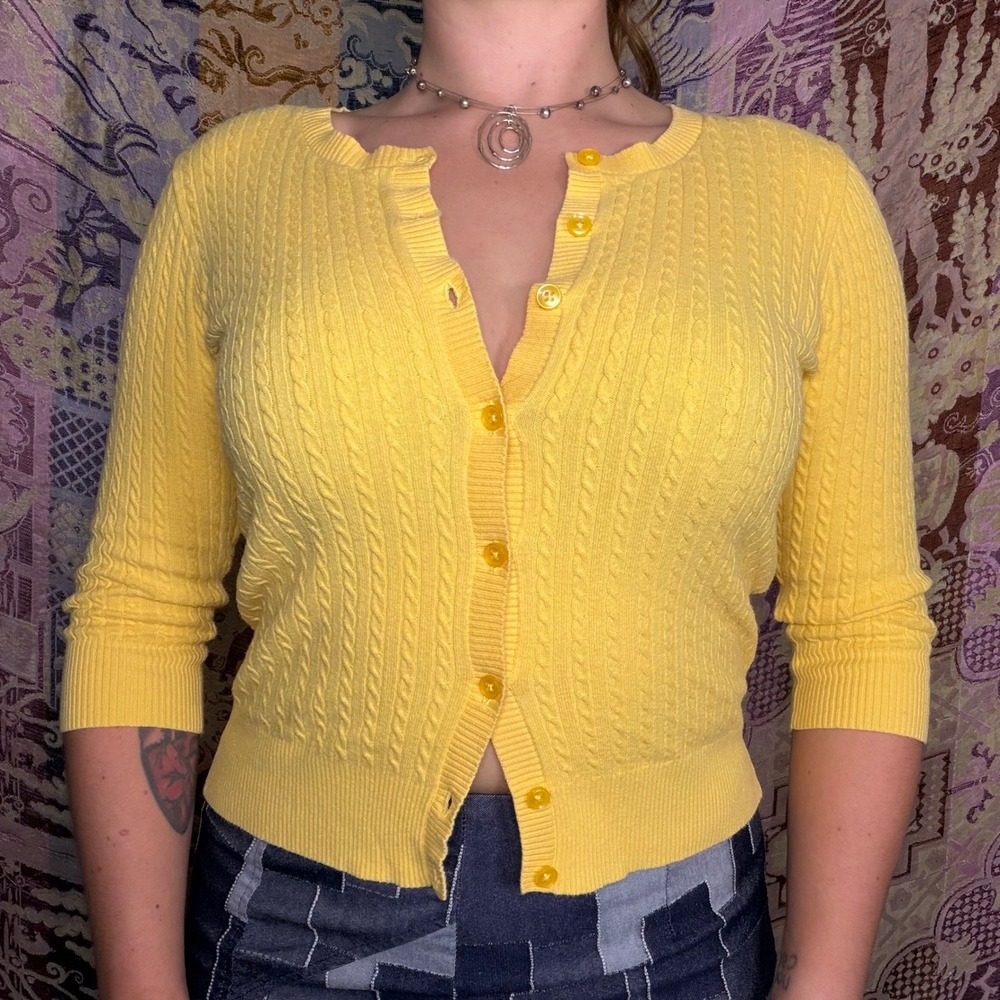 Cutesy Yellow Cable Knit Preppy 3/4 Sleeve Button Front Cardigan Sweater Size M